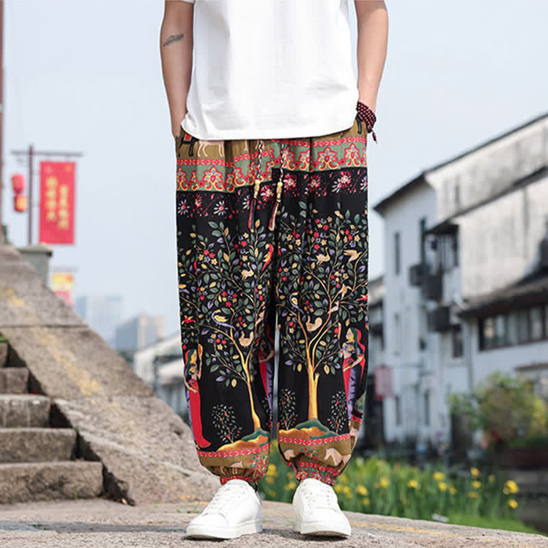 Buddha Stones Sommerliche Boho-Freizeithose mit Kordelzug, Elefanten- und Baumprint, kurze Herren-Haremshose mit Taschen - image 27