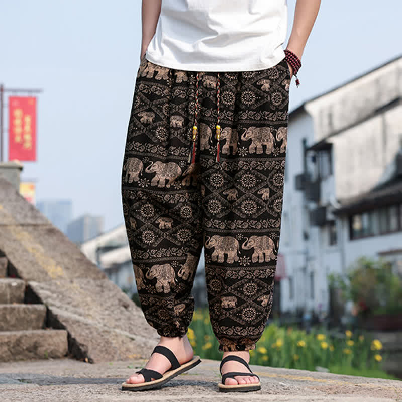 Buddha Stones Sommerliche Boho-Freizeithose mit Kordelzug, Elefanten- und Baumprint, kurze Herren-Haremshose mit Taschen - image 5