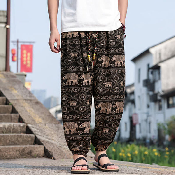 Buddha Stones Sommerliche Boho-Freizeithose mit Kordelzug, Elefanten- und Baumprint, kurze Herren-Haremshose mit Taschen - image 1