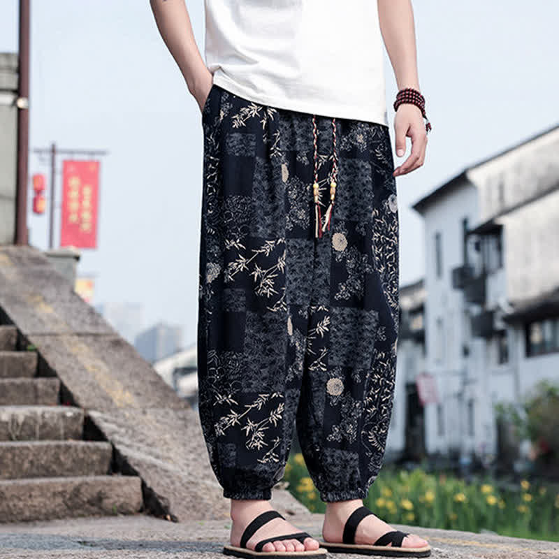 Buddha Stones Sommerliche Boho-Freizeithose mit Kordelzug, Elefanten- und Baumprint, kurze Herren-Haremshose mit Taschen - image 8