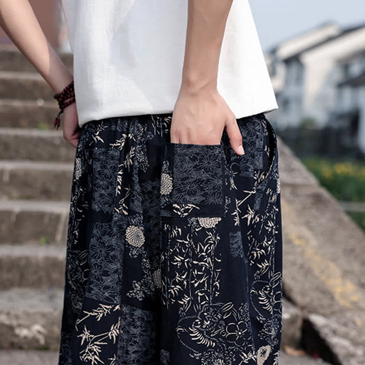 Buddha Stones Sommerliche Boho-Freizeithose mit Kordelzug, Elefanten- und Baumprint, kurze Herren-Haremshose mit Taschen - image 18