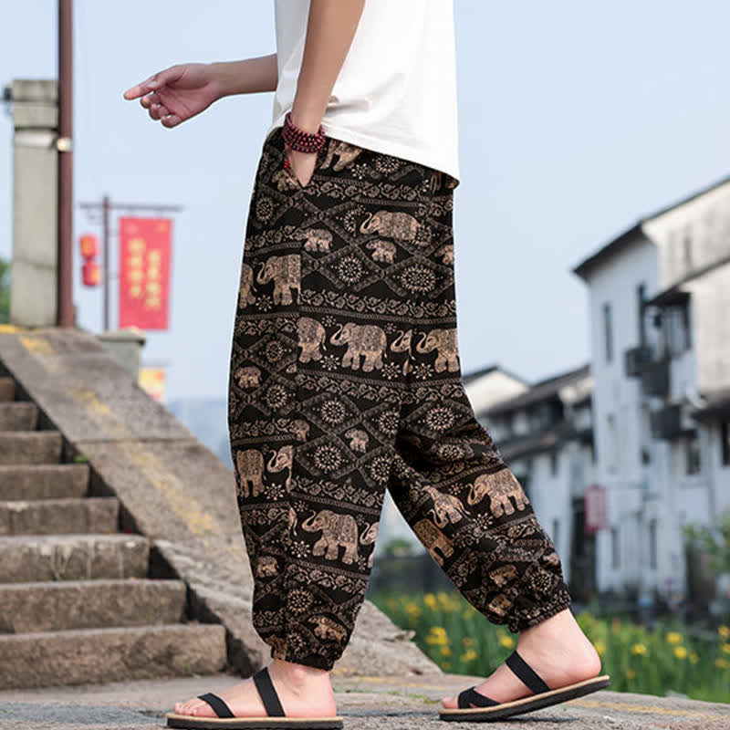 Buddha Stones Sommerliche Boho-Freizeithose mit Kordelzug, Elefanten- und Baumprint, kurze Herren-Haremshose mit Taschen - image 4