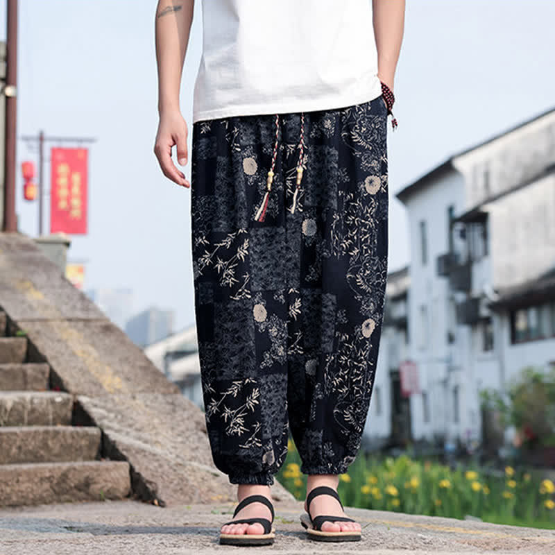 Buddha Stones Sommerliche Boho-Freizeithose mit Kordelzug, Elefanten- und Baumprint, kurze Herren-Haremshose mit Taschen - Marine - US/UK/AU46, EU56 (5XL) - image 7