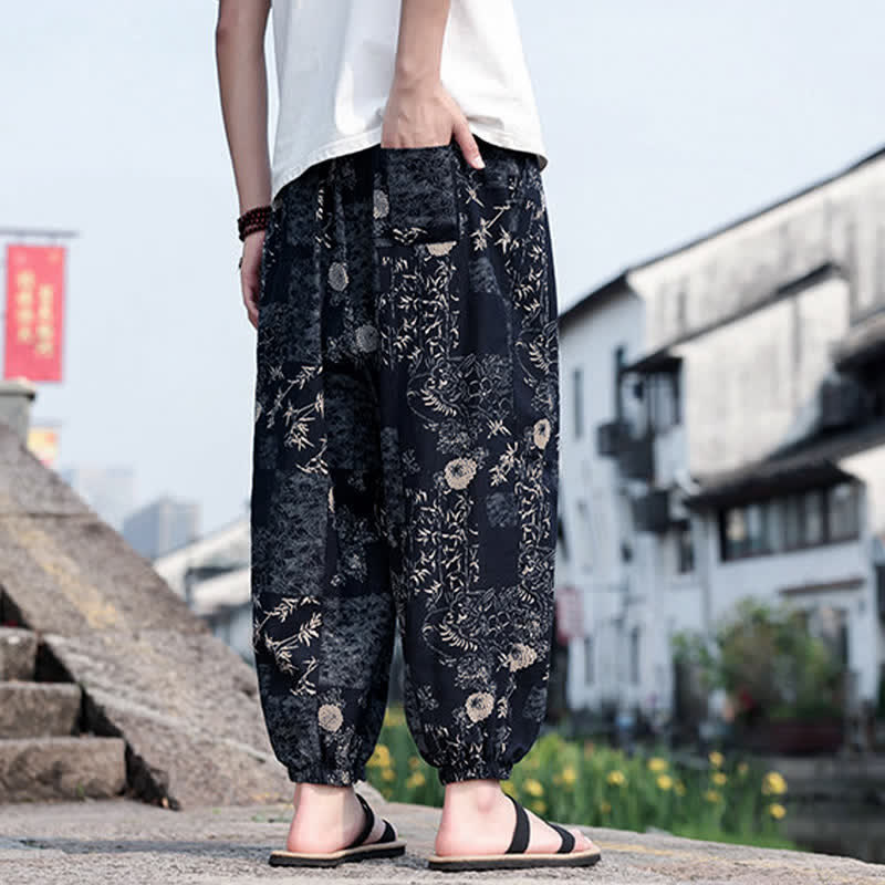 Buddha Stones Sommerliche Boho-Freizeithose mit Kordelzug, Elefanten- und Baumprint, kurze Herren-Haremshose mit Taschen - image 11