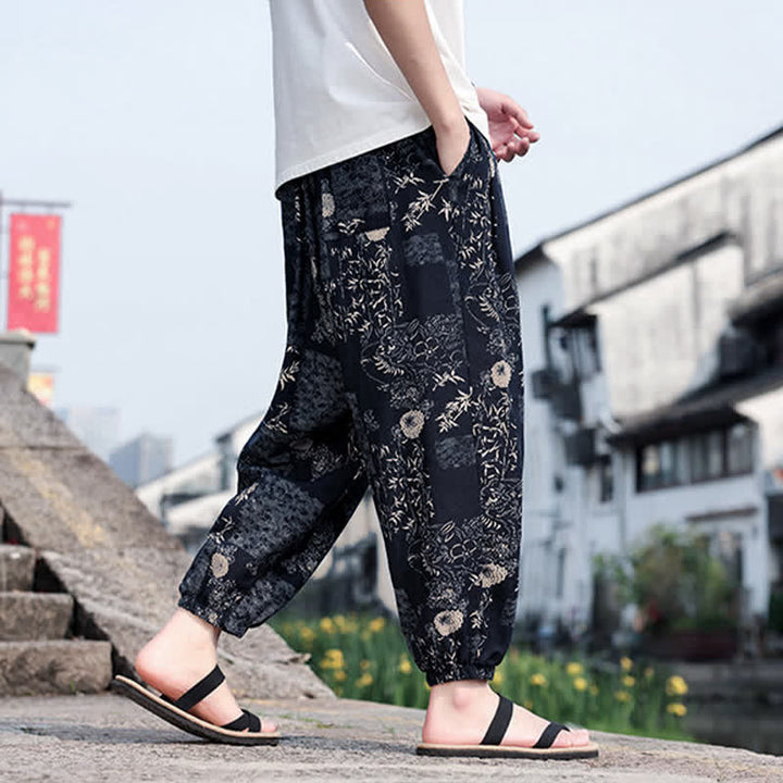 Buddha Stones Sommerliche Boho-Freizeithose mit Kordelzug, Elefanten- und Baumprint, kurze Herren-Haremshose mit Taschen - image 12