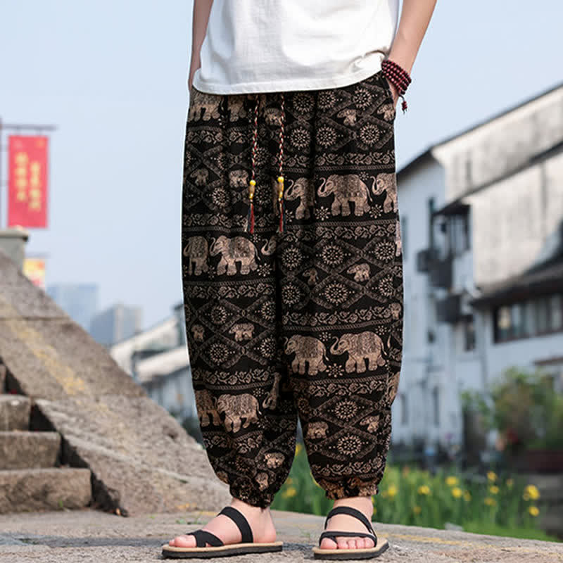 Buddha Stones Sommerliche Boho-Freizeithose mit Kordelzug, Elefanten- und Baumprint, kurze Herren-Haremshose mit Taschen - image 2