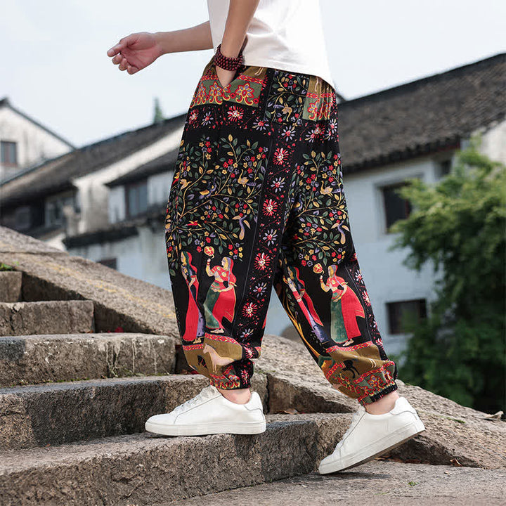 Buddha Stones Sommerliche Boho-Freizeithose mit Kordelzug, Elefanten- und Baumprint, kurze Herren-Haremshose mit Taschen - image 23