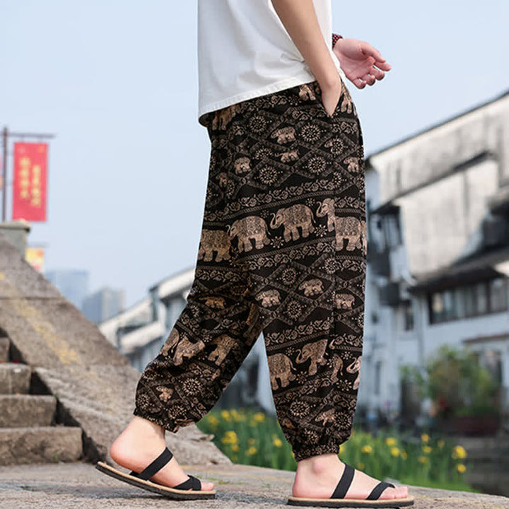 Buddha Stones Sommerliche Boho-Freizeithose mit Kordelzug, Elefanten- und Baumprint, kurze Herren-Haremshose mit Taschen - image 3