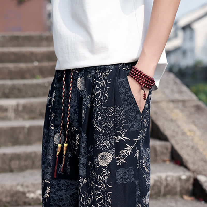 Buddha Stones Sommerliche Boho-Freizeithose mit Kordelzug, Elefanten- und Baumprint, kurze Herren-Haremshose mit Taschen - image 17