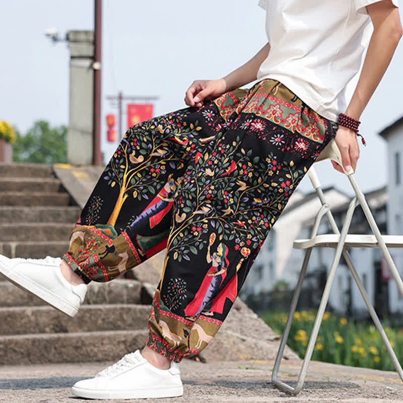 Buddha Stones Sommerliche Boho-Freizeithose mit Kordelzug, Elefanten- und Baumprint, kurze Herren-Haremshose mit Taschen - image 28
