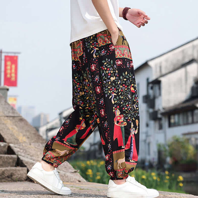 Buddha Stones Sommerliche Boho-Freizeithose mit Kordelzug, Elefanten- und Baumprint, kurze Herren-Haremshose mit Taschen - image 22