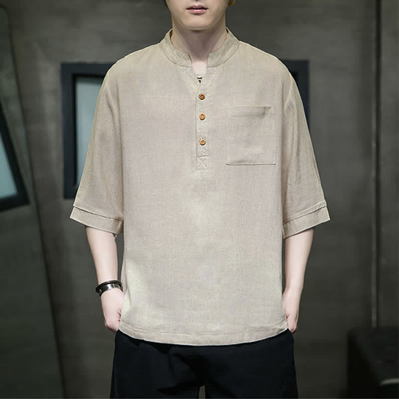 Buddha Stones Lässiges Sommerhemd im Tang-Stil mit Stehkragen, einfarbig, Kurzarm, Herren, mit aufgesetzter Tasche - Burlywood - US/UK/AU46, EU56 (5XL) - image 12