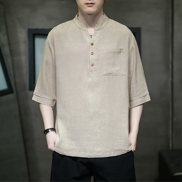 Buddha Stones Lässiges Sommerhemd im Tang-Stil mit Stehkragen, einfarbig, Kurzarm, Herren, mit aufgesetzter Tasche - Burlywood - US/UK/AU46, EU56 (5XL) - image 12