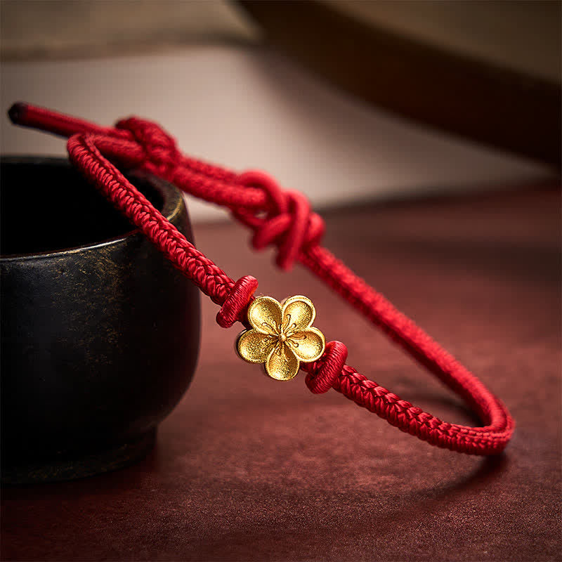 Buddha Stones Handgewebtes rotes Armband mit kleiner Pfirsichblüte – Glücksbringer - Dunkelrot (Handgelenkumfang 15-19 cm) - image 0