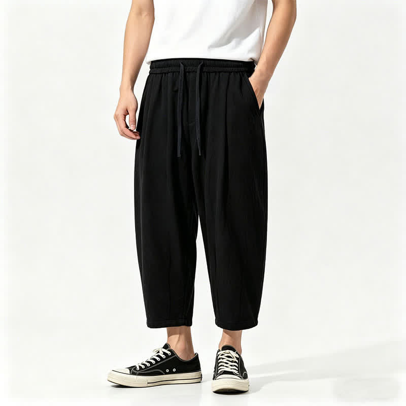 Buddha Stones Lässige Caprihose aus einfarbiger Baumwolle mit Kordelzug für Herren, Haremshose mit Taschen - Schwarz - US/ UK/AU46, EU56 (5XL) - image 1