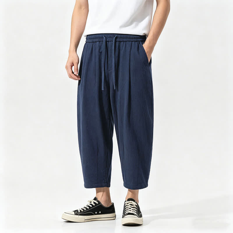 Buddha Stones Lässige Caprihose aus einfarbiger Baumwolle mit Kordelzug für Herren, Haremshose mit Taschen - Marine - US/ UK/AU46, EU56 (5XL) - image 2