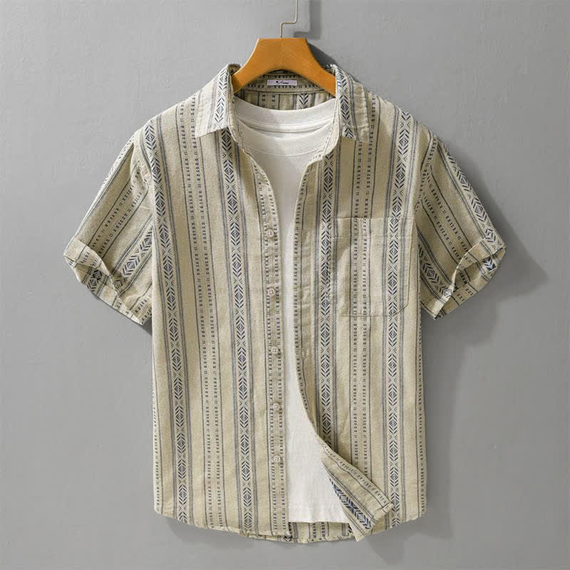 Buddha Stones Lässiges, klassisches Herren-Kurzarmhemd mit Knopfleiste, Streifenmuster und aufgesetzter Tasche - Bräunen - US/UK/AU42, EU52 (3XL) - image 7