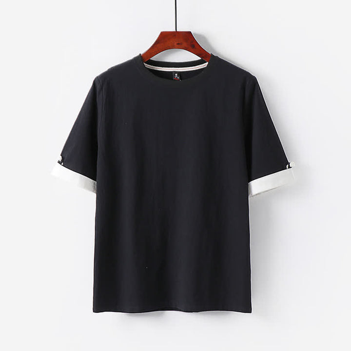Buddha Stones Lässiges, minimalistisches Kurzarm-T-Shirt aus Baumwolle für Herren mit Knopfleiste und Rundhalsausschnitt – perfekt für den Sommer. - Schwarz - US/UK/AU48, EU58 (6XL) - image 1