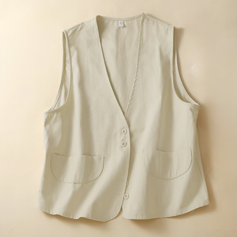Buddha Stones Lässiges, minimalistisches, einfarbiges Damen-Tanktop mit Knopfleiste und Tasche – perfekt für den Sommer. - Beige - US14, UK/AU18, EU46 (2XL) - image 0