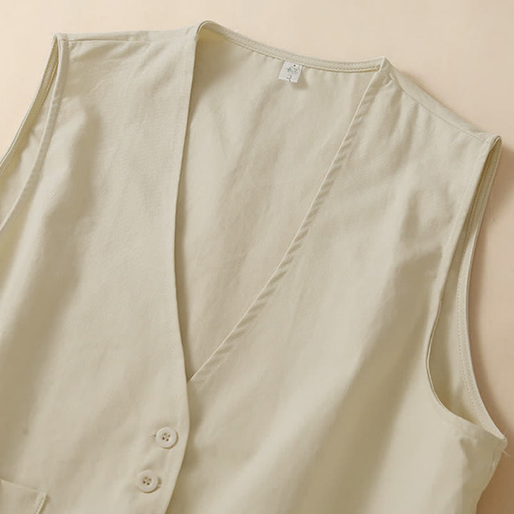 Buddha Stones Lässiges, minimalistisches, einfarbiges Damen-Tanktop mit Knopfleiste und Tasche – perfekt für den Sommer. - image 1