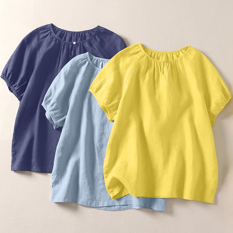 Buddha Stones Sommerliches, lässiges, minimalistisches Kurzarmshirt mit Rundhalsausschnitt für Damen, einfarbig, schlicht, Kurzarm - image 21