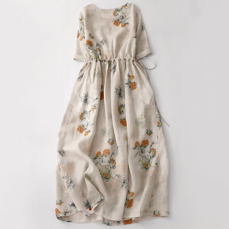 Buddha Stones Sommerliches Vintage-Kleid für Damen, beige, geblümt, mit Kordelzug, Rundhalsausschnitt, kurzen Ärmeln und Tasche, mit Rundhalsausschnitt und Tasche. - image 1