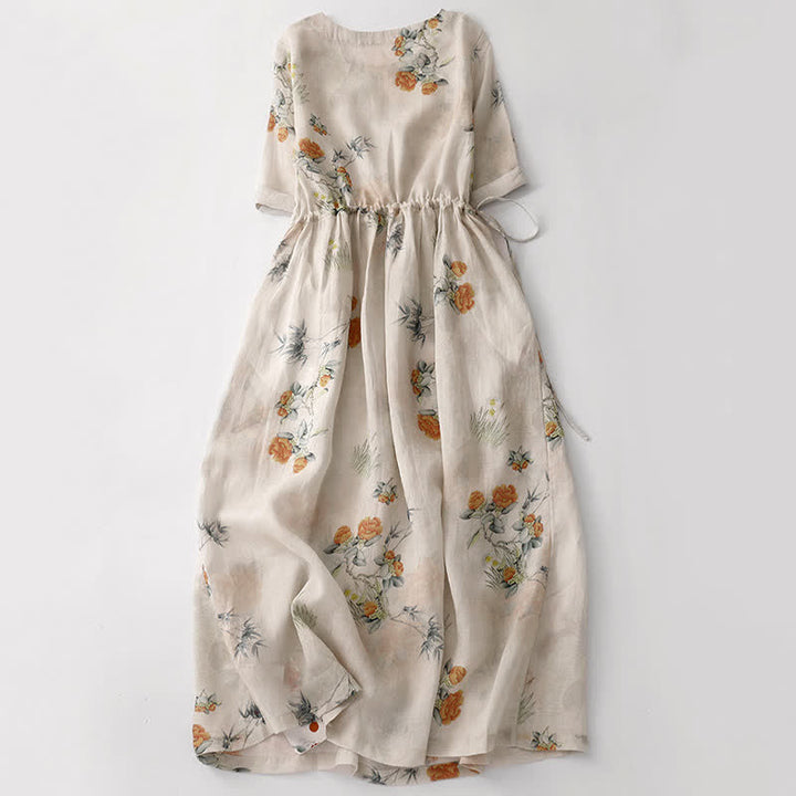 Buddha Stones Sommerliches Vintage-Kleid für Damen, beige, geblümt, mit Kordelzug, Rundhalsausschnitt, kurzen Ärmeln und Tasche, mit Rundhalsausschnitt und Tasche. - image 1
