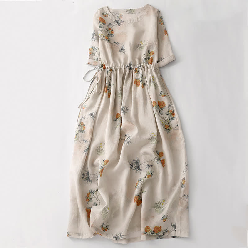 Buddha Stones Sommerliches Vintage-Kleid für Damen, beige, geblümt, mit Kordelzug, Rundhalsausschnitt, kurzen Ärmeln und Tasche, mit Rundhalsausschnitt und Tasche. - Antikweiß - US12, UK/AU16, EU44 (2XL) - image 0