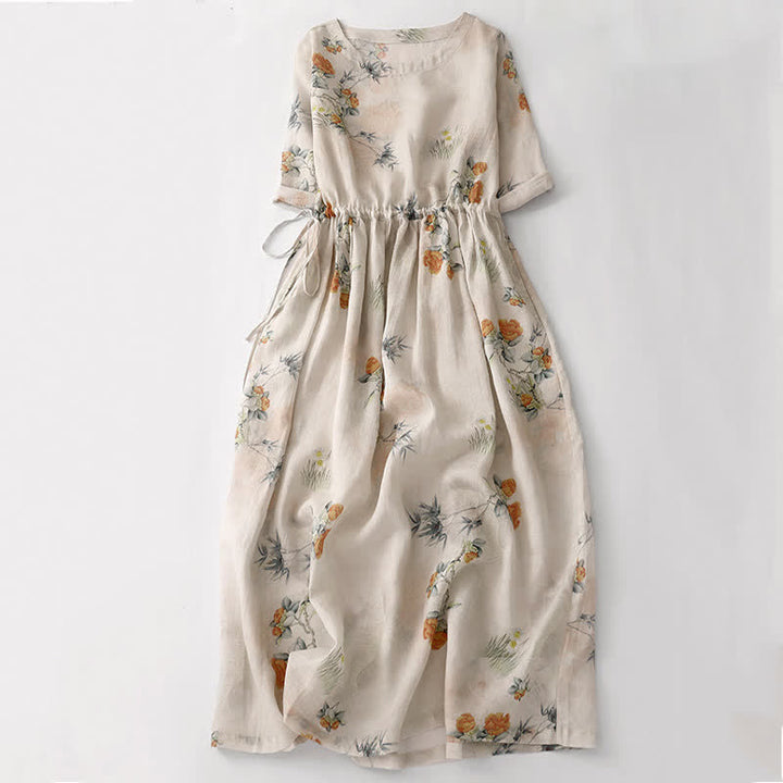 Buddha Stones Sommerliches Vintage-Kleid für Damen, beige, geblümt, mit Kordelzug, Rundhalsausschnitt, kurzen Ärmeln und Tasche, mit Rundhalsausschnitt und Tasche. - Antikweiß - US12, UK/AU16, EU44 (2XL) - image 0