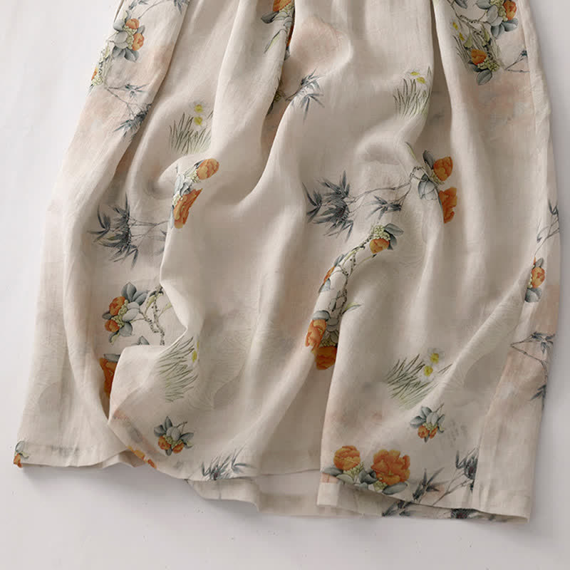 Buddha Stones Sommerliches Vintage-Kleid für Damen, beige, geblümt, mit Kordelzug, Rundhalsausschnitt, kurzen Ärmeln und Tasche, mit Rundhalsausschnitt und Tasche. - image 10