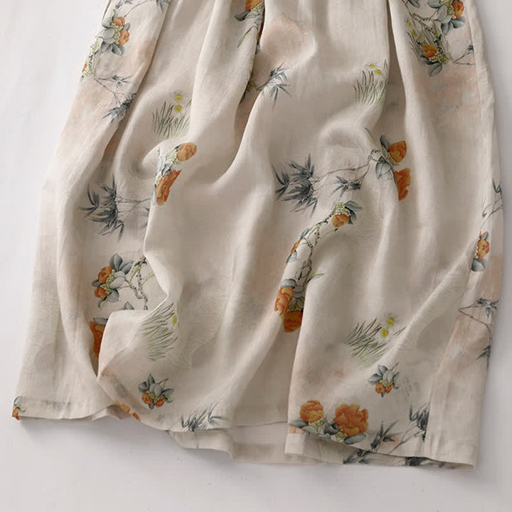 Buddha Stones Sommerliches Vintage-Kleid für Damen, beige, geblümt, mit Kordelzug, Rundhalsausschnitt, kurzen Ärmeln und Tasche, mit Rundhalsausschnitt und Tasche. - image 10
