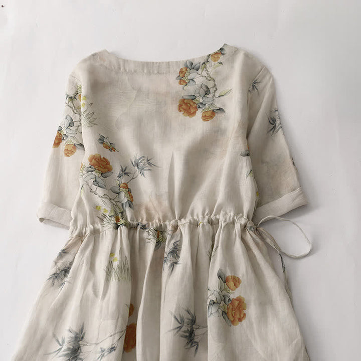 Buddha Stones Sommerliches Vintage-Kleid für Damen, beige, geblümt, mit Kordelzug, Rundhalsausschnitt, kurzen Ärmeln und Tasche, mit Rundhalsausschnitt und Tasche. - image 2