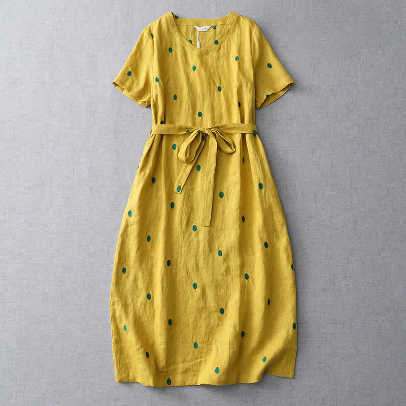 Buddha Stones Lässiges Sommerkleid im Boho-Stil mit Kordelzug, abstraktem Polka-Dot-Muster, kurzen Ärmeln und Tasche für Damen. - Goldrute - US8-10, UK/AU12-14, EU40-42 (2XL) - image 0