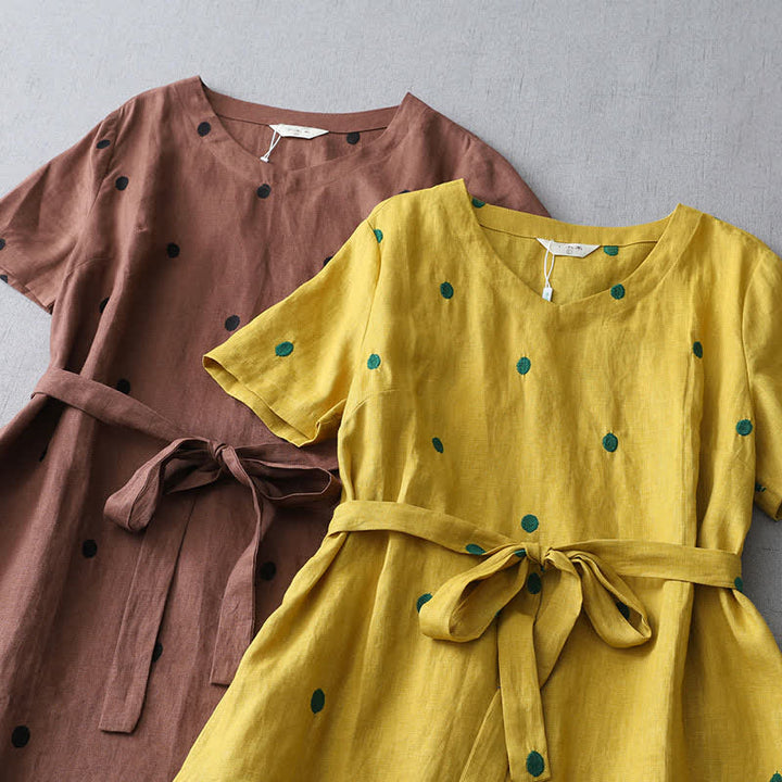 Buddha Stones Lässiges Sommerkleid im Boho-Stil mit Kordelzug, abstraktem Polka-Dot-Muster, kurzen Ärmeln und Tasche für Damen. - image 18