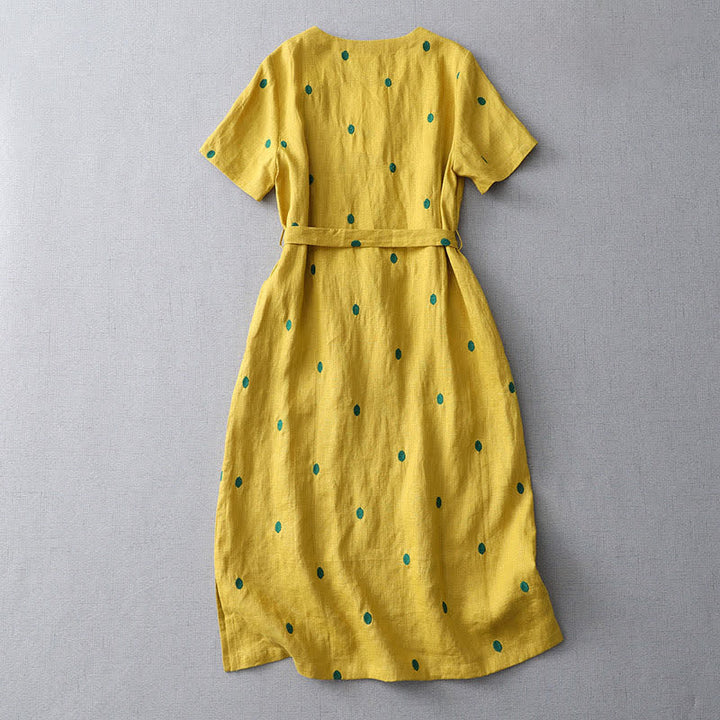 Buddha Stones Lässiges Sommerkleid im Boho-Stil mit Kordelzug, abstraktem Polka-Dot-Muster, kurzen Ärmeln und Tasche für Damen. - image 1
