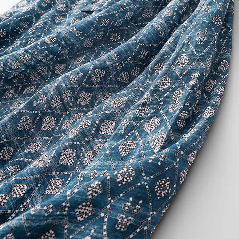 Buddha Stones Sommerliches, ärmelloses Boho-Sommerkleid für Damen mit Kordelzug, blauem geometrischem Muster, Taschen und geometrischem Muster - image 5
