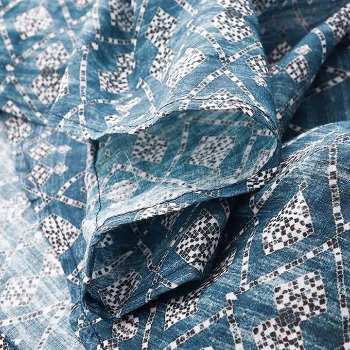 Buddha Stones Sommerliches, ärmelloses Boho-Sommerkleid für Damen mit Kordelzug, blauem geometrischem Muster, Taschen und geometrischem Muster - image 8