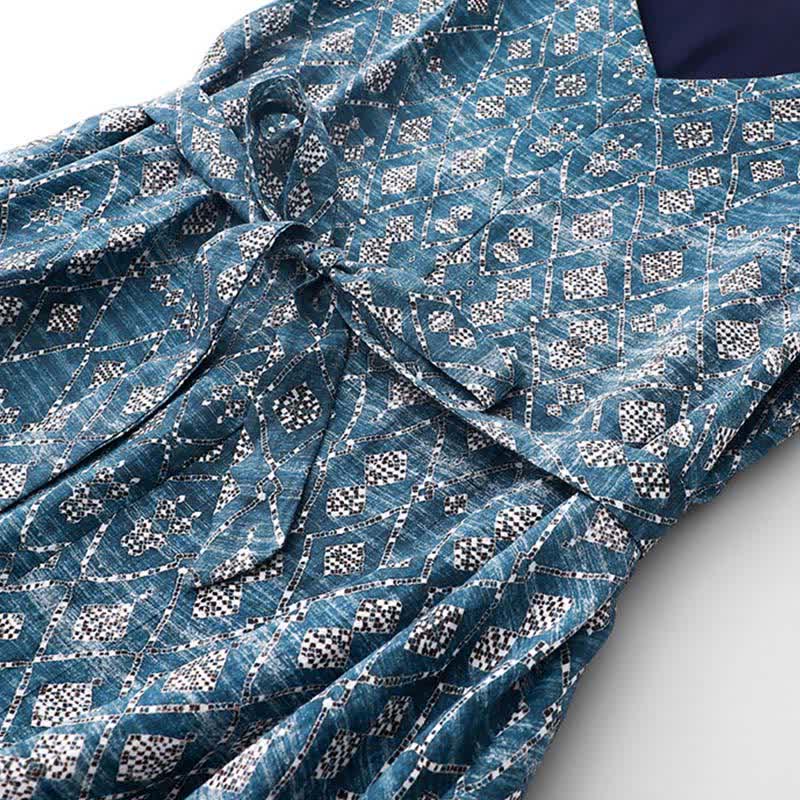Buddha Stones Sommerliches, ärmelloses Boho-Sommerkleid für Damen mit Kordelzug, blauem geometrischem Muster, Taschen und geometrischem Muster - image 4