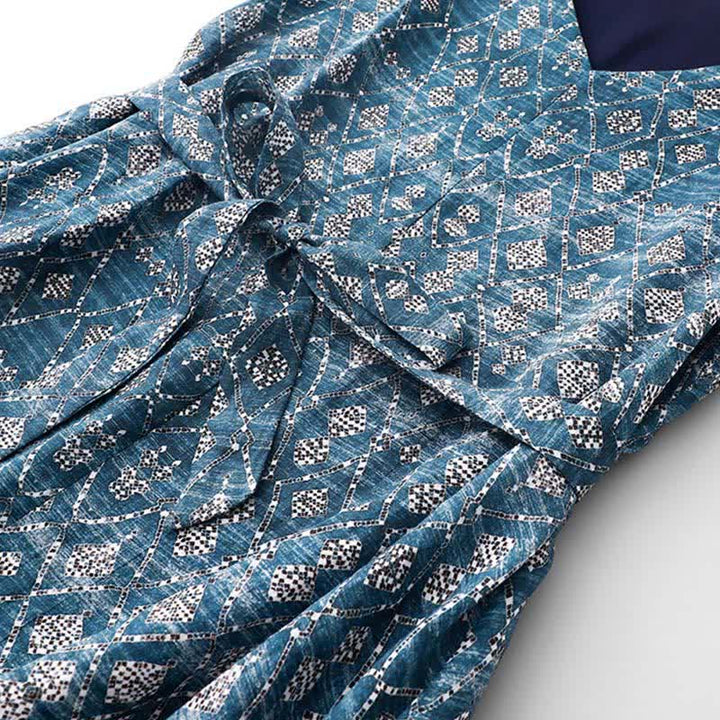 Buddha Stones Sommerliches, ärmelloses Boho-Sommerkleid für Damen mit Kordelzug, blauem geometrischem Muster, Taschen und geometrischem Muster - image 4