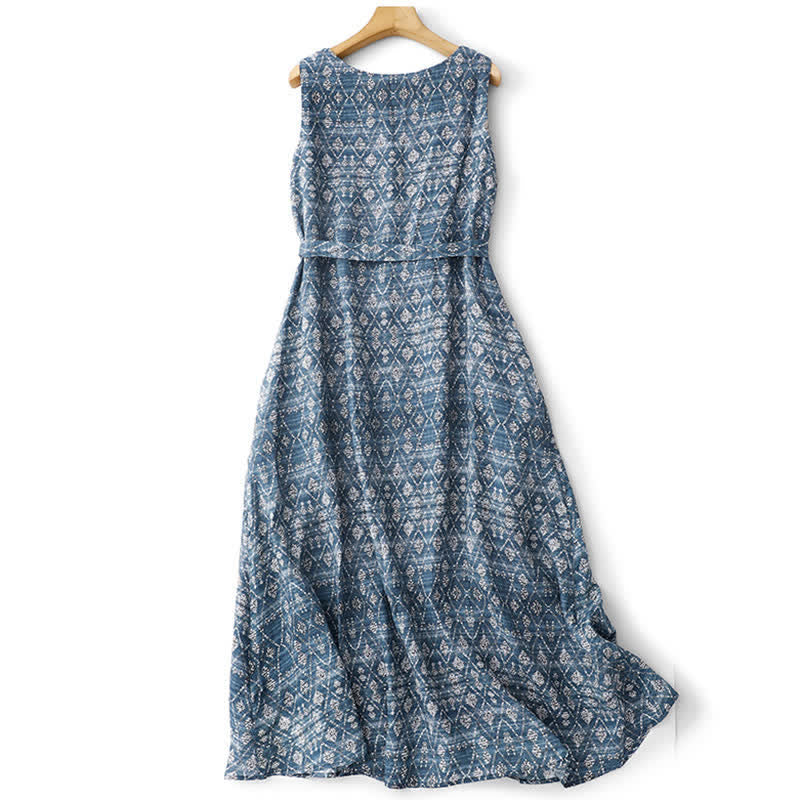 Buddha Stones Sommerliches, ärmelloses Boho-Sommerkleid für Damen mit Kordelzug, blauem geometrischem Muster, Taschen und geometrischem Muster - image 1