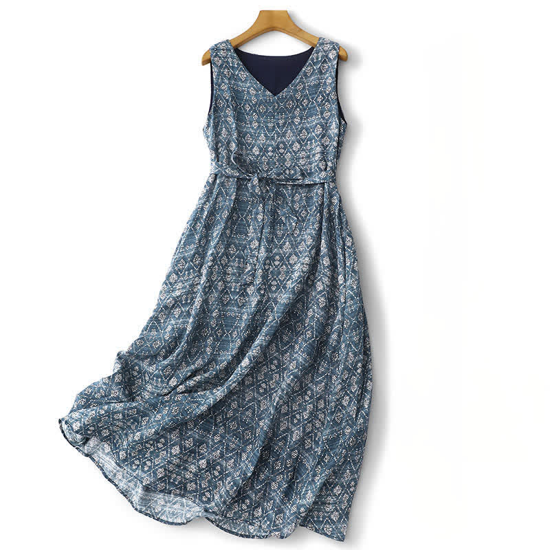Buddha Stones Sommerliches, ärmelloses Boho-Sommerkleid für Damen mit Kordelzug, blauem geometrischem Muster, Taschen und geometrischem Muster - Kadettenblau - US12, UK/AU16, EU44 (2XL) - image 0