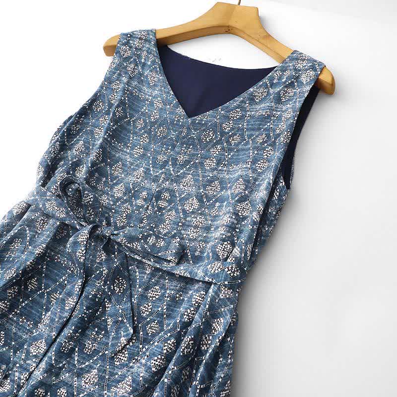 Buddha Stones Sommerliches, ärmelloses Boho-Sommerkleid für Damen mit Kordelzug, blauem geometrischem Muster, Taschen und geometrischem Muster - image 2