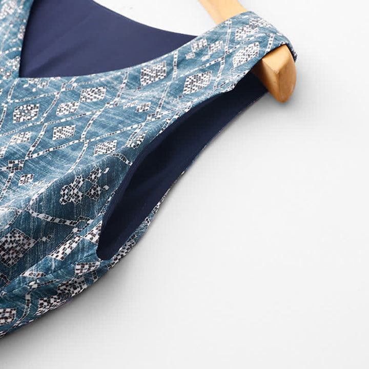 Buddha Stones Sommerliches, ärmelloses Boho-Sommerkleid für Damen mit Kordelzug, blauem geometrischem Muster, Taschen und geometrischem Muster - image 3