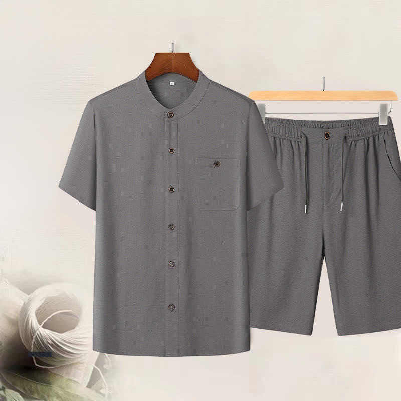 Buddha Stones Sommerliches, lässiges Kurzarmhemd mit Stehkragen, einfarbig, Kordelzughose, passendes Herren-Set mit Taschen - Dunkelgraues Hemd + Hose - US/ UK/AU46, EU56 (5XL) - image 0