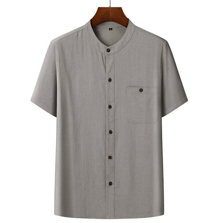 Buddha Stones Sommerliches, lässiges Kurzarmhemd mit Stehkragen, einfarbig, Kordelzughose, passendes Herren-Set mit Taschen - Hellgraues Hemd - US/ UK/AU46, EU56 (5XL) - image 12