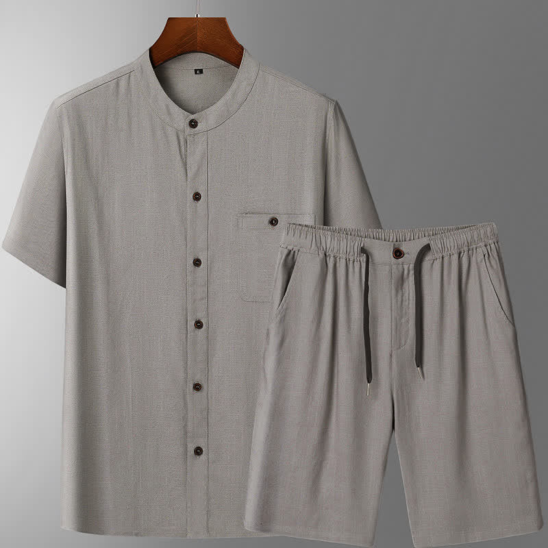 Buddha Stones Sommerliches, lässiges Kurzarmhemd mit Stehkragen, einfarbig, Kordelzughose, passendes Herren-Set mit Taschen - Hellgraues Hemd + Hose - US/ UK/AU46, EU56 (5XL) - image 3