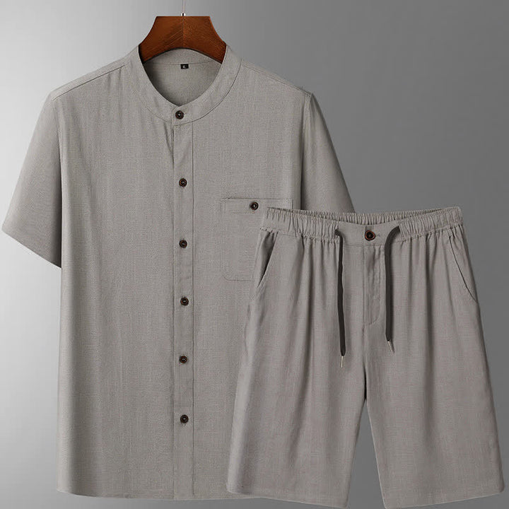 Buddha Stones Sommerliches, lässiges Kurzarmhemd mit Stehkragen, einfarbig, Kordelzughose, passendes Herren-Set mit Taschen - Hellgraues Hemd + Hose - US/ UK/AU46, EU56 (5XL) - image 3