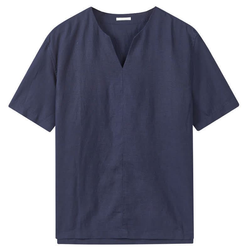 Buddha Stones Minimalistisches, einfarbiges Kurzarm-T-Shirt für Herren mit V-Ausschnitt für den Sommer - image 8