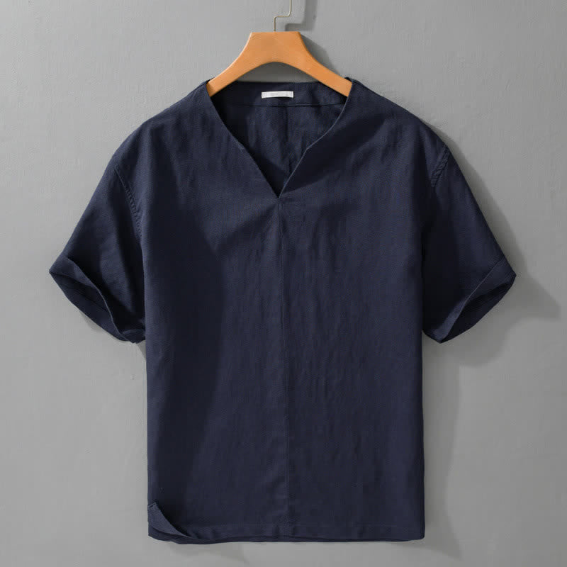 Buddha Stones Minimalistisches, einfarbiges Kurzarm-T-Shirt für Herren mit V-Ausschnitt für den Sommer - Marine - US/ UK/AU42, EU52 (3XL) - image 7