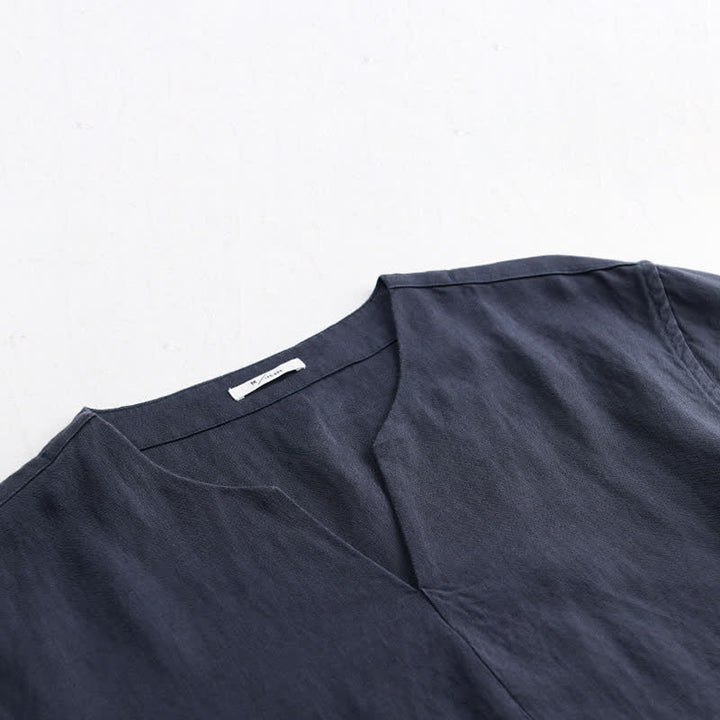 Buddha Stones Minimalistisches, einfarbiges Kurzarm-T-Shirt für Herren mit V-Ausschnitt für den Sommer - image 9